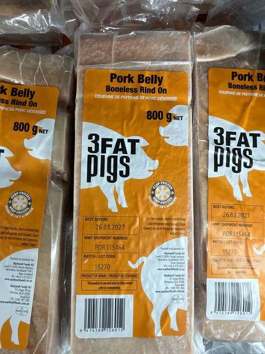 3 Fat Pig Pork Belly Boneless Rind On 800g